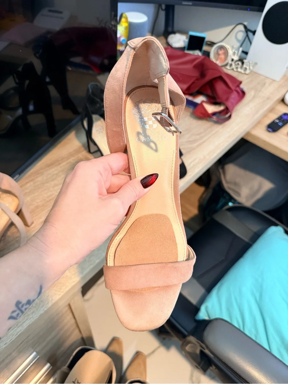 Vince Camuto Blush Suede Open-Toe Ankle Strap Heels